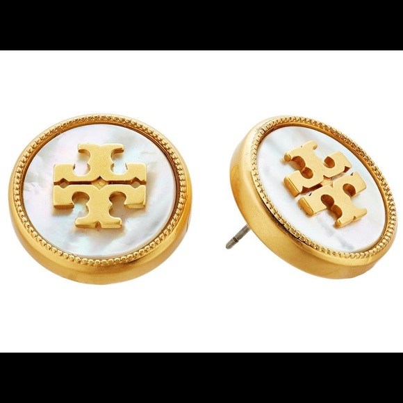 Tory Burch Circle Logo Semi Precious Mother of Pearl Earrings - Picture 2 of 3